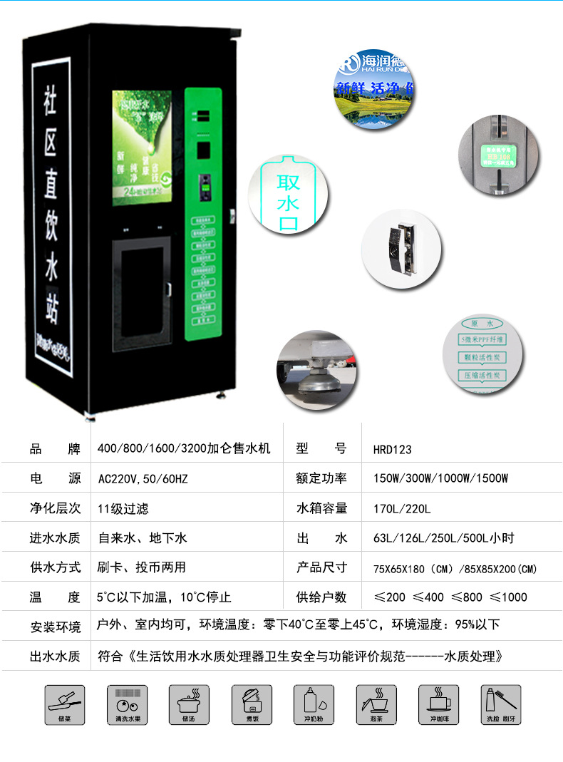 海潤(rùn)德小區(qū)戶外刷卡投幣無(wú)人自動(dòng)商用售水機(jī)過(guò)濾純凈水直飲凈水器