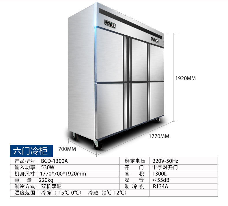 德瑪仕商用立式六門(mén)冰柜商用六門(mén)立式 展示柜 BCD-1300A 全冷凍